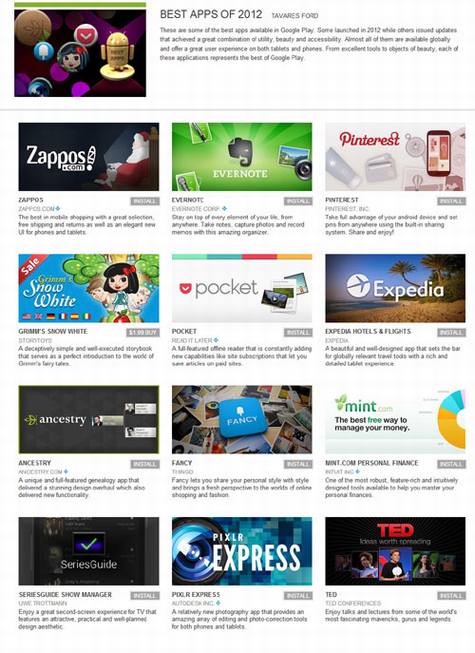 谷歌发布2012年度Android最佳排行榜