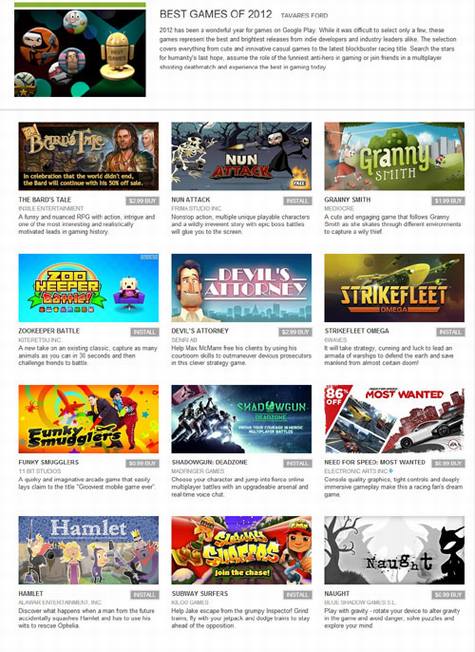 谷歌发布2012年度Android最佳排行榜