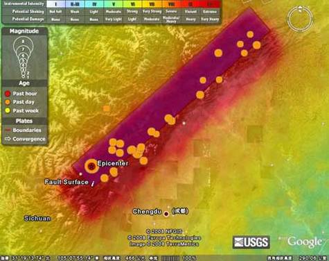 卫星地图下的四川汶川大地震