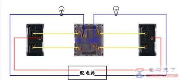 双联双控接线实例:三开关控制两盏灯的接线方法