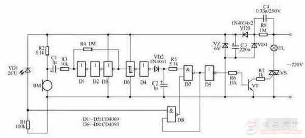一例声光控自动照明灯电路图,声控照明灯的电路组成及工作原理