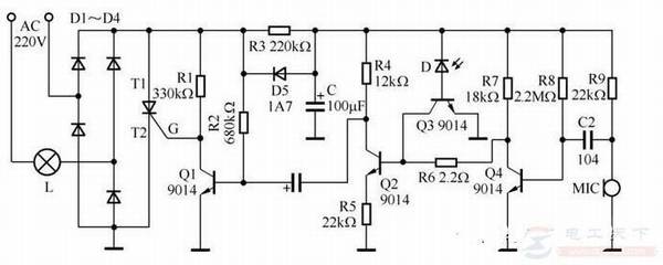 一例声光控自动照明灯电路图,声控照明灯的电路组成及工作原理