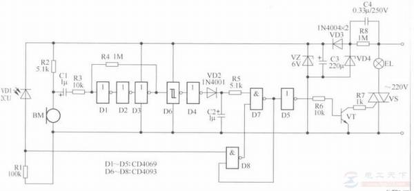 一例声光控自动照明灯电路图,声控照明灯的电路组成及工作原理