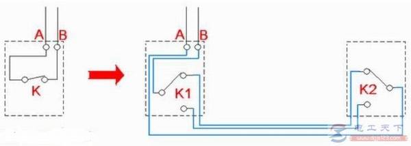 一例单控开关改双控开关的接线图,两个开关均能控制照明灯泡