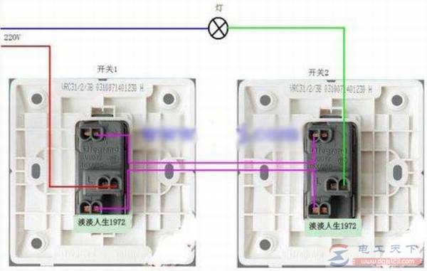 家用单开双控开关电路图,一例楼梯灯双控开关的接线实物图