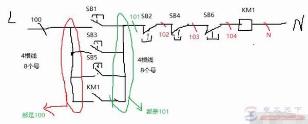 多地控制线路的实物接线图