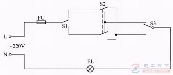 用三个开关控制一盏灯的电路图