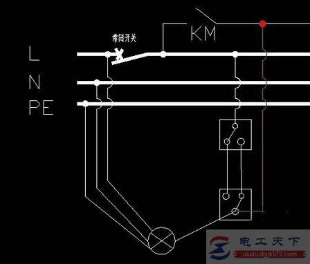 一个双极双控开关与两个单极双控开关实现电灯的三地控制