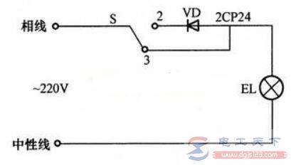 照明调光电路:一盏灯两档控制调光电路图