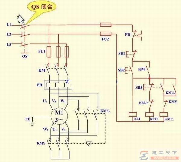一例按钮和接触器Y-△降压启动的电路图