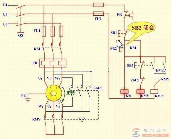 一例按钮和接触器Y-△降压启动的电路图