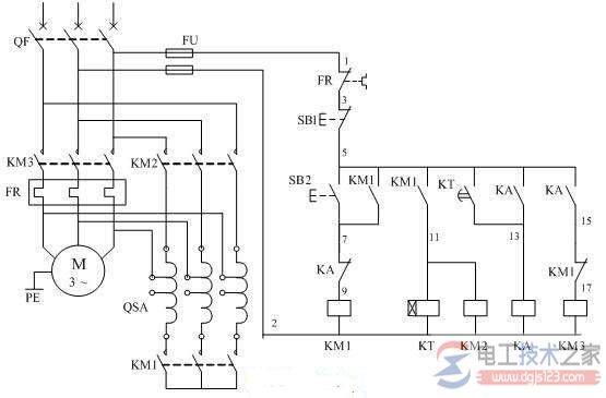 一例三相电动机星形三角形降压启动的电路图