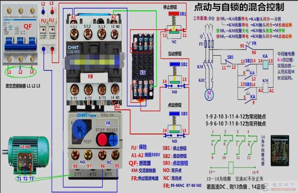 二例电动机自锁控制的电路图:完整自锁控制及点动与自锁的混合控