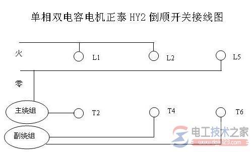 单相双电容电机正泰HY2倒顺开关接线图的说明