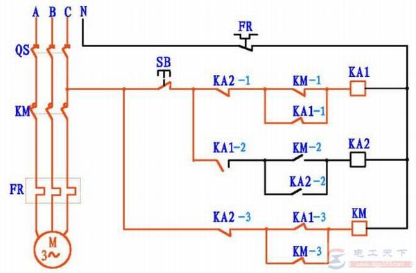 一个按钮控制电机启动停止电路图解